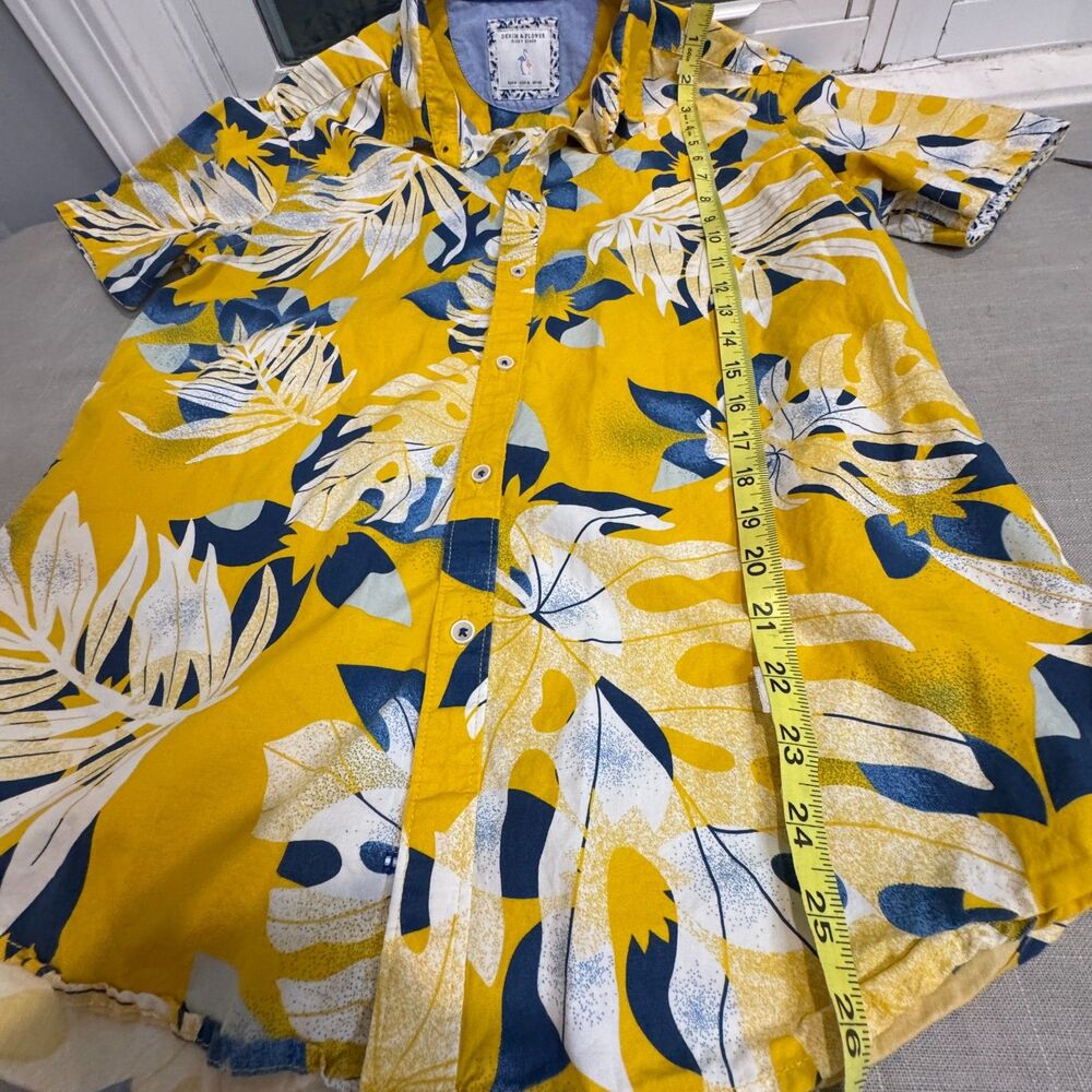 Denim & Flower Hawaiian Shirt Mens M Yellow Blue Floral Tropical - Picture 6 of 7